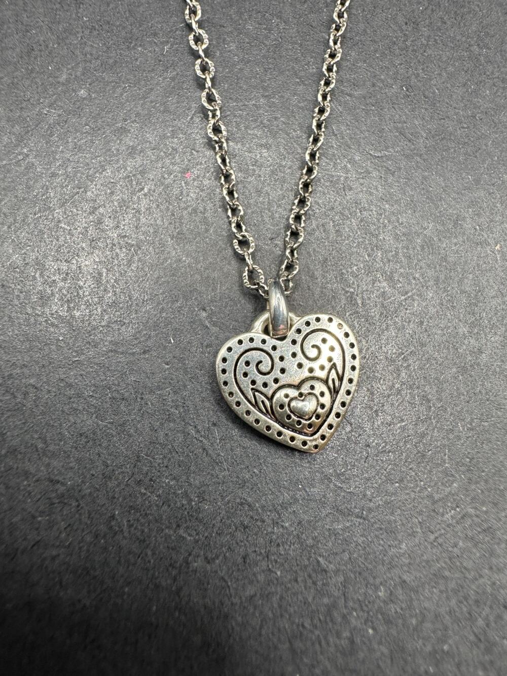 Brighton Necklace Reversible Heart Love Blooms Silver Tone with Scrolls 18"